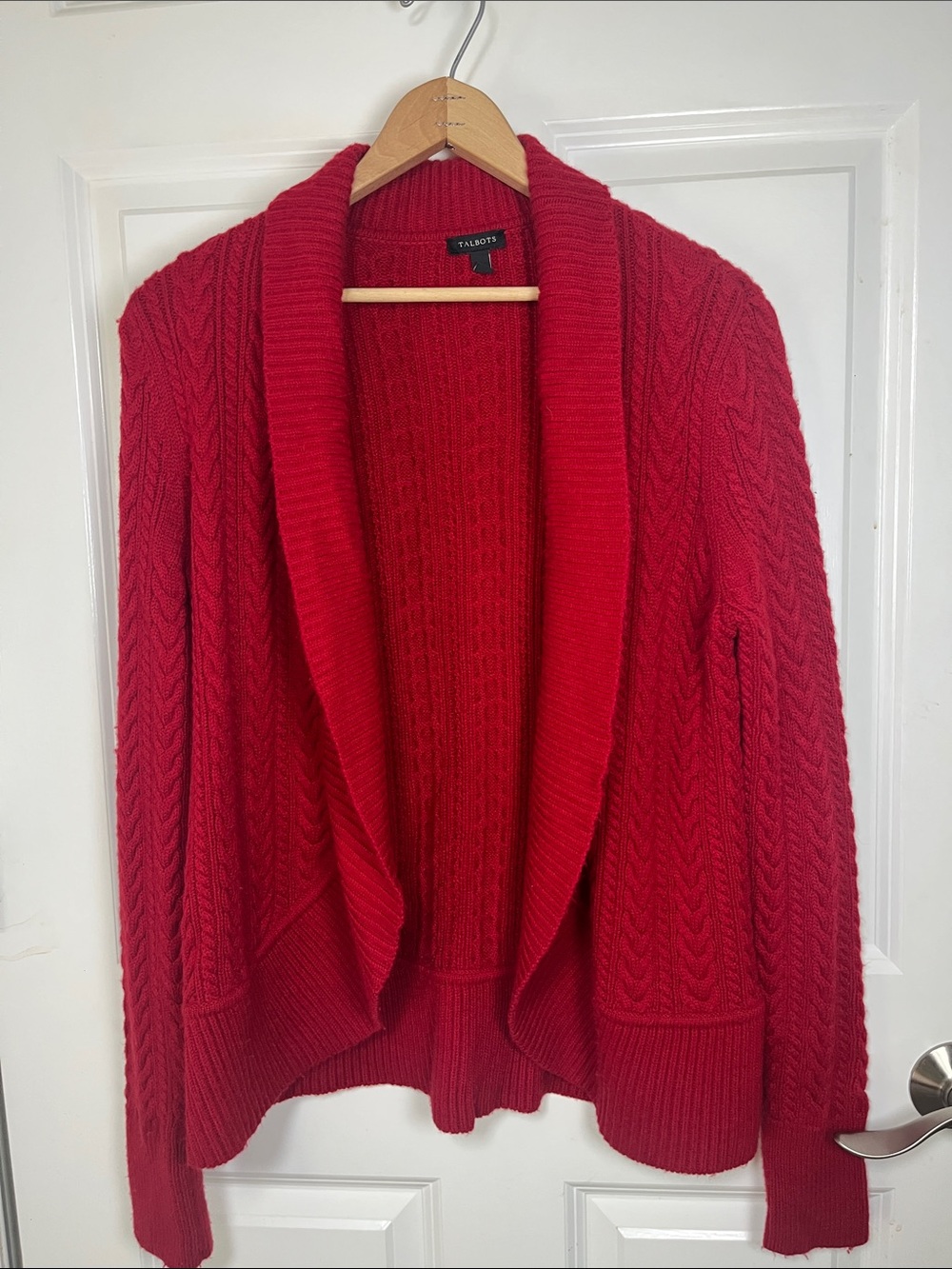 Talbots Lambswool Red Open Front Shawl Collar Cable Knit Cardigan Sweater Sz Med